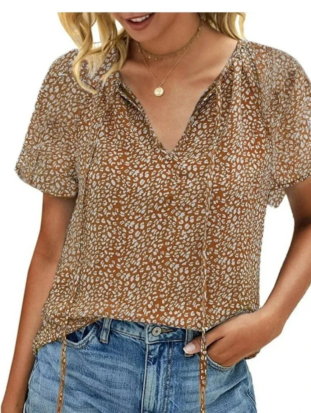 Fantaslook Blouse for Women Floral Print VNeck Ruffle Short Sleeve Shirt XXL NWT - Picture 6 of 7